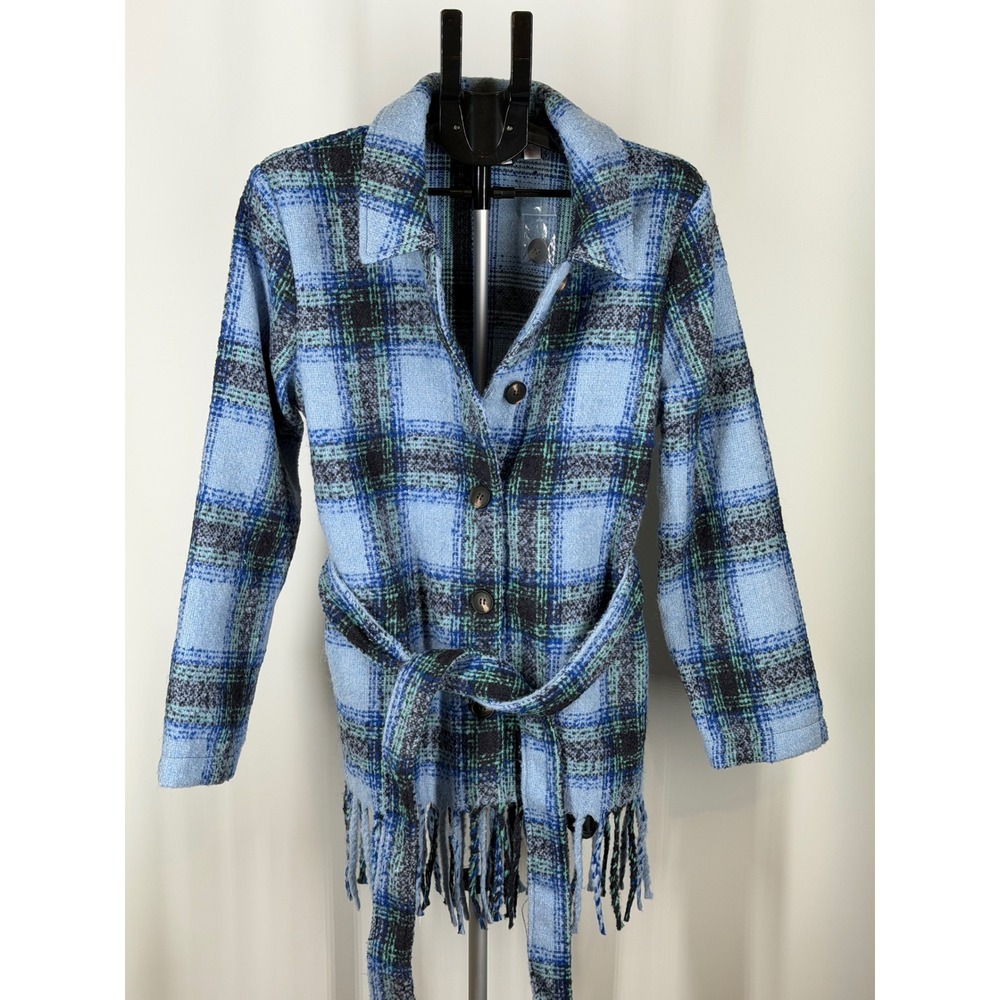 Belle by Kim Gravel Blue Plaid Belted Fringe Shacket Jacket Womens Medium